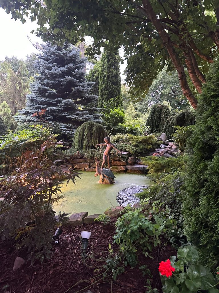 Bronze sculpture of a boy riding a turtle in a garden pond at Wind in the Willows Oasis.