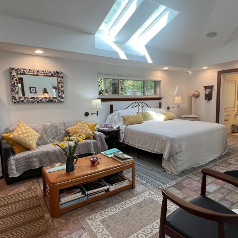 Luxury king guest suite featuring a Stearns & Foster bed, sitting area, cathedral ceilings, and bright remote-controlled skylights at Wind i
